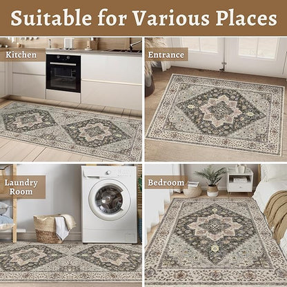 Tangsoo 2x10 Washable Runner Rug for Hallways, Non Slip Vintage Runner Rug, Soft Low Pile Long Runner, Print Distressed Grey Carpet Runners for Kitchen Bedroom Entryway Bathroom Living Room