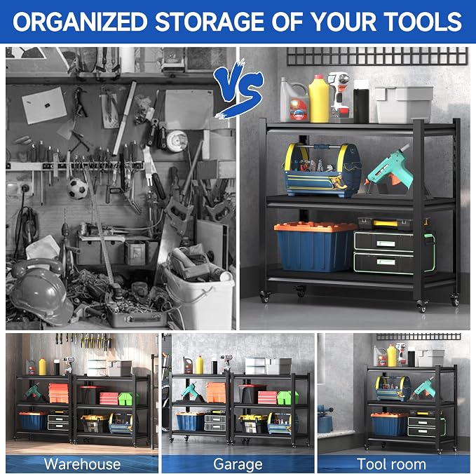 3 Tier Adjustable Garage Storage Shelving, Heavy Duty Utility Rack Shelf Unit - Image 7