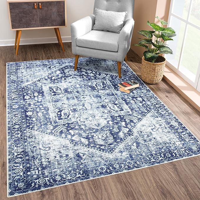 Bloom Rugs Washable Non-Slip 4' x 6' Rug - Blue/Ivory Traditional Area Rug for Living Room, Bedroom, Dining Room, and Kitchen - Exact Size: 4' x 6'