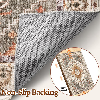 Tangsoo 2.6x8 Washable Runner Rug for Hallways, Non Slip Vintage Runner, Soft Low Pile Long Rug Runner, Print Distressed Turmeric Carpet Runners for Kitchen Bedroom Entryway Bathroom Living Room