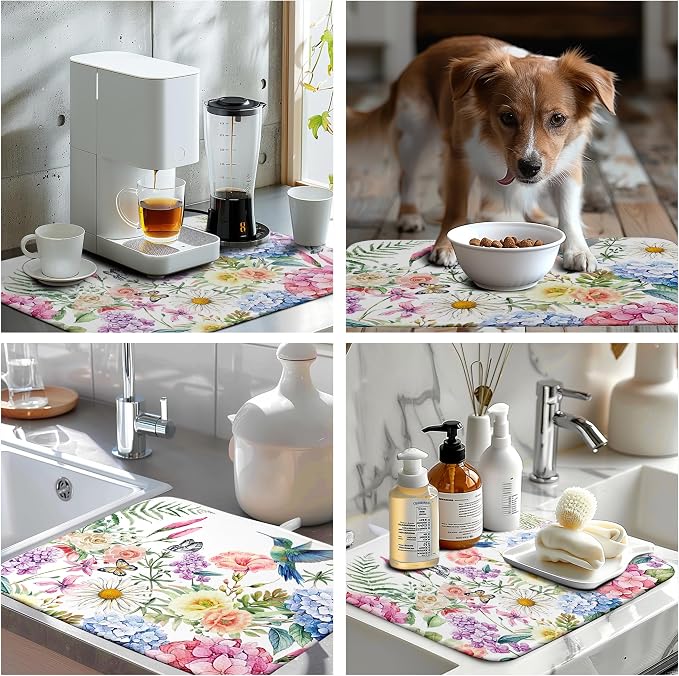 Spring Floral Birds Dish Drying Mat Summer Butterfly Flowers Kitchen Dish - Image 7