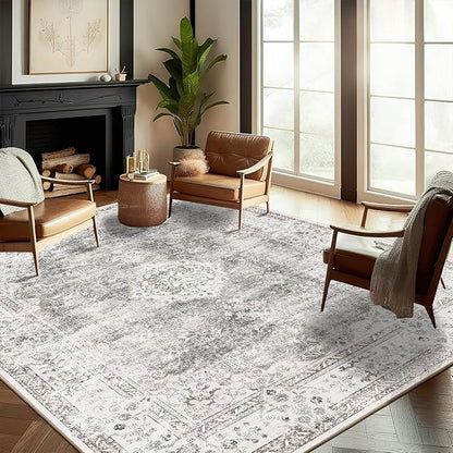 Washable Area Rug 9'x12' Retro Boho Design Non-Shedding Easy Care Ideal for High Traffic Areas in Living Room Bedroom Office Coffee Table Kitchen Large Carpet