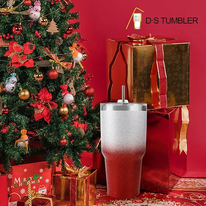D·S 30 oz Tumbler Christmas Red Glitter Gradient Cup Stainless Steel Double - Image 6