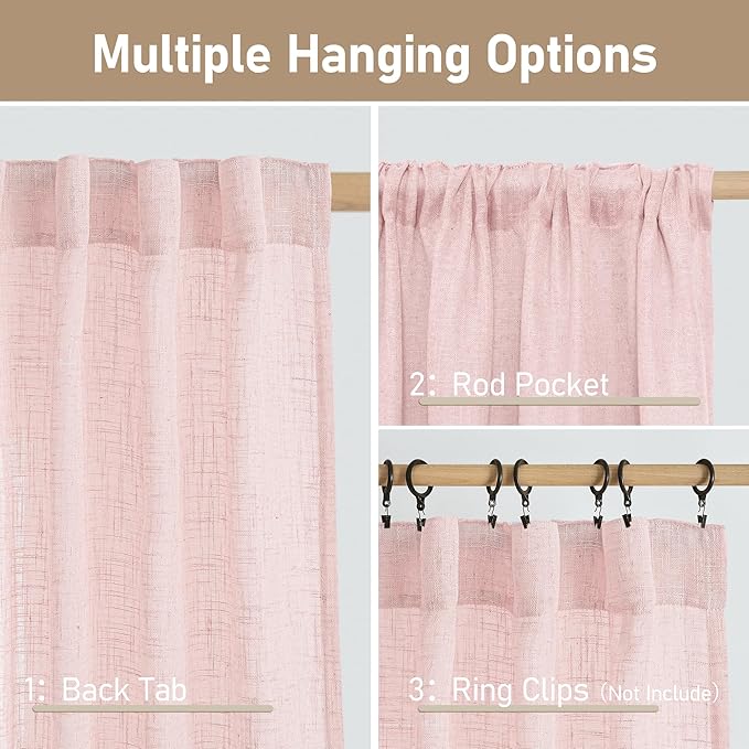 LAMIT Linen Curtains 90 Inch for Living Room, Back Tab and Rod Pocket Linen Textured Farmhouse Curtains Light Filtering Drapes for Bedroom/Dining Room, Pink, Set of 2, 52 x 90 Inch