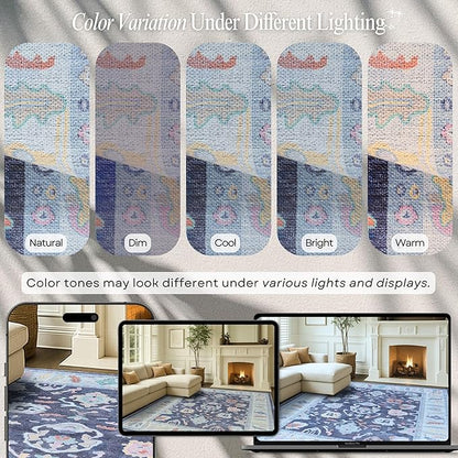 Fame Rugs Navy Blue Modern Oushak Rug 8x10, Vintage Turkish Colorful Oriental Washable Antique Inspired Large Area Rugs, Luxury Living Room Bedroom (388NB, 7'6 x 10')