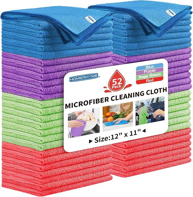HOMERHYME Microfiber Cleaning Cloth, 52 Pack Cleaning Rags, Reusable Microfiber by HOMERHYME