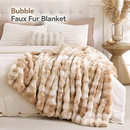 Smoofy Faux Fur Throw Blanket for Couch – Tie-dye Camel Fluffy Cozy Rabbit Fleece, Plush Soft Bubble Blanket for Sofa & Bed, for Mom, Warm Fuzzy Home Room Decor Throw 60" x 80"