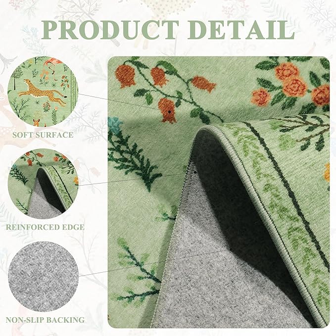 DUKINO 5x7 Rug, Washable Animal Living Room Rug with Non Slip Vintage Design, Soft Low Pile Large Carpet for Bedroom, Nursery, Dining Room, Farmhouse, Playroom, Light Green