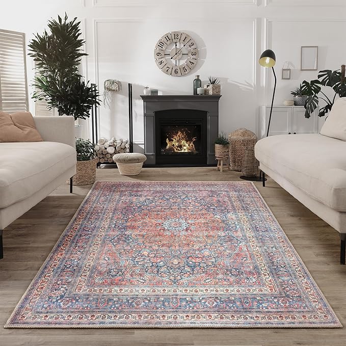 Bloom Rugs Washable Non-Slip 4' x 6' Rug - Multicolor Traditional Medallion Area Rug for Living Room, Bedroom, Dining Room, and Kitchen - Exact Size: 4' x 6'