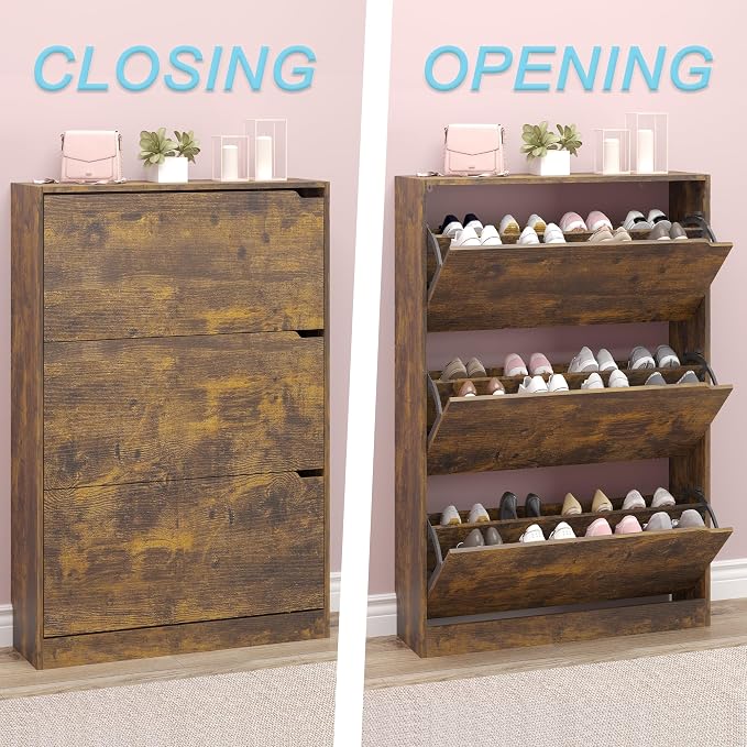 Shoe Cabinet with 3 Flip Drawers, Hidden Wood Shoe Cabinet, Freestanding Shoe - Image 5