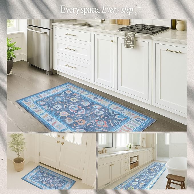 Fame Rugs Blue Modern Oushak Rug 6x9, Vintage Turkish Colorful Oriental Antique Inspired Washable Large Area Rugs, Luxury Living Room Bedroom (387BNB, 6' x 9')