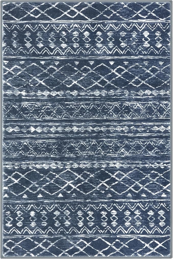 KUTA 3x5 Boho Area Rug for Living Room, Moroccan Washable Kitchen Rugs Non Slip, Navy Blue Ultra Soft Print Distressed Geometric Low-Pile Entry Throw Carpet for Bedroom Nursery Dorm Decor