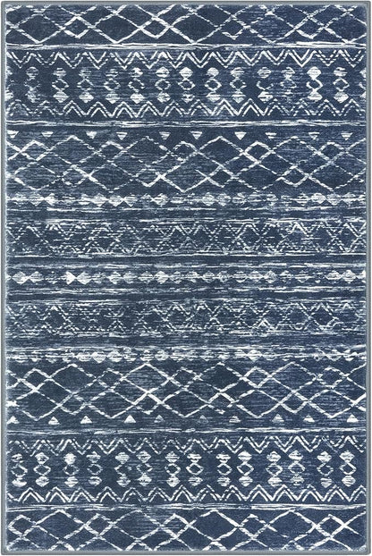 KUTA 3x5 Boho Area Rug for Living Room, Moroccan Washable Kitchen Rugs Non Slip, Navy Blue Ultra Soft Print Distressed Geometric Low-Pile Entry Throw Carpet for Bedroom Nursery Dorm Decor