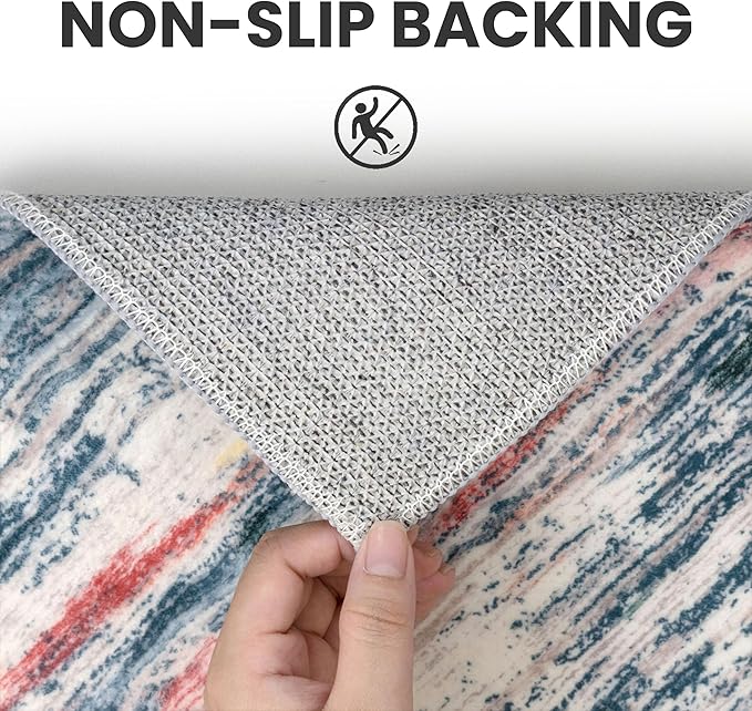 2x3 Modern Abstract Rug for Entryway, Teal Blue Peach Gray Multi Super Soft Small Washable Area Rugs, Non-Slip Low-Pile Mat Carpet for Kitchen, Bedside, Indoor Door Mat
