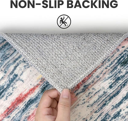 2x3 Modern Abstract Rug for Entryway, Teal Blue Peach Gray Multi Super Soft Small Washable Area Rugs, Non-Slip Low-Pile Mat Carpet for Kitchen, Bedside, Indoor Door Mat