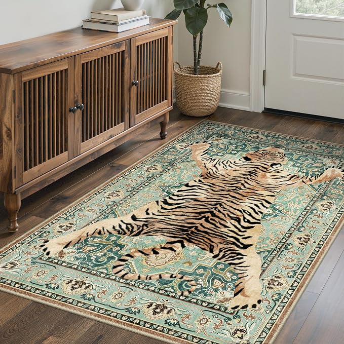 Bavni 3x5 Tiger Rug, Machine Washable Animal Print Low Pile Boho Woodland - Image 3
