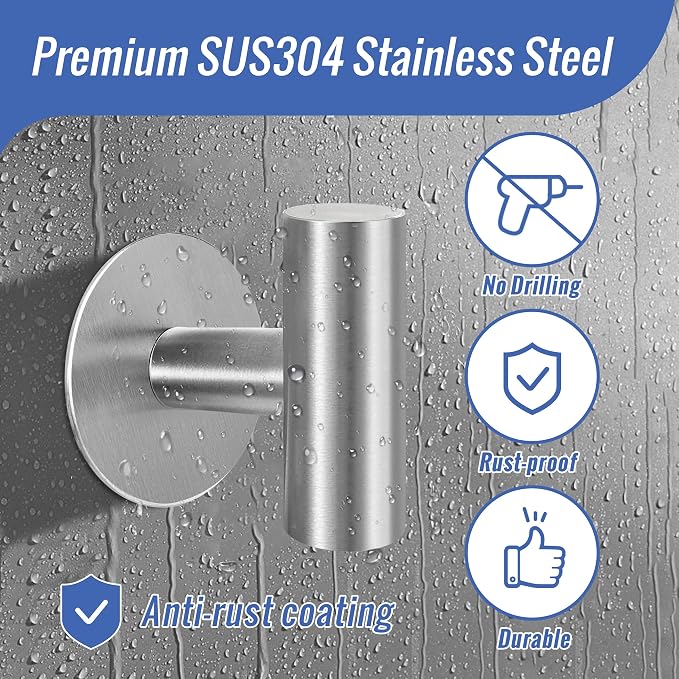 Adhesive Towel Hooks, Brushed Nickel SUS 304 Stainless Steel Heavy Duty Self - Image 2