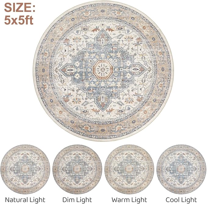 Round Rug Living Room Rugs: 5Ft Washable Boho Neutral Large Circle Soft Indoor Distressed Stain Resistant Floor Farmhouse Carpet for Bedroom Nursery Kids Playroom Office Dining Room Dorm- Beige Blue