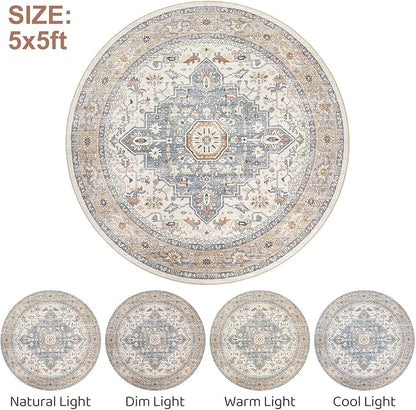 Round Rug Living Room Rugs: 5Ft Washable Boho Neutral Large Circle Soft Indoor Distressed Stain Resistant Floor Farmhouse Carpet for Bedroom Nursery Kids Playroom Office Dining Room Dorm- Beige Blue