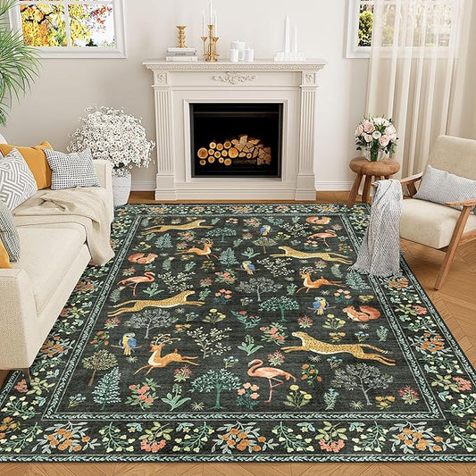 DUKINO 9x12 Rug, Washable Animal Living Room Rug with Non Slip Vintage Design, Soft Low Pile Large Carpet for Bedroom, Nursery, Dining Room, Farmhouse, Playroom, Black