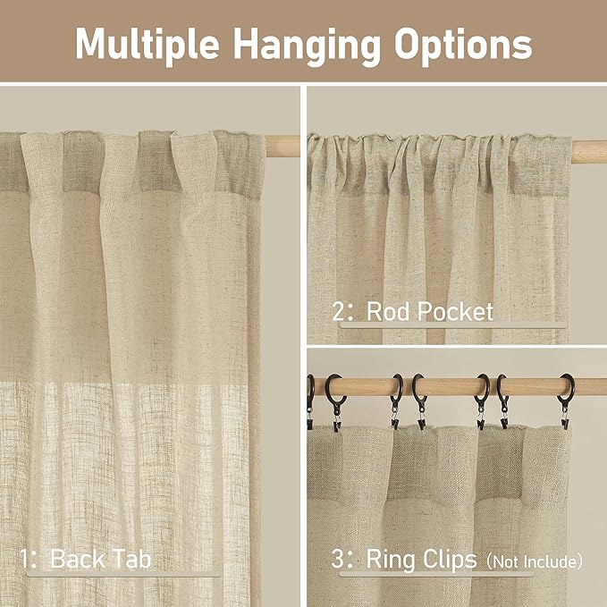 LAMIT Semi Sheer Window Linen Curtains 54 Inch Length, Light Filtering Panels Back Tab and Rod Pocket Neutral Drapes for Bedroom/Living Room, Linen, 2 Panels, 34 x 54 Inch