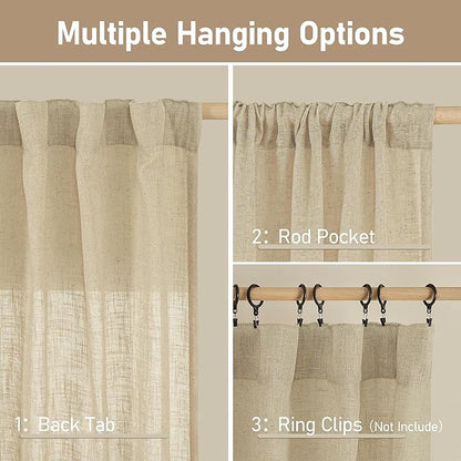 LAMIT 96 inch Linen Curtains for Bedoom, Light Filtering Semi Sheer Panels Back Tab and Rod Pocket Floor to Ceiling Curtains for Living Room, 2 Panels Set, Linen, 52 x 96 Inch
