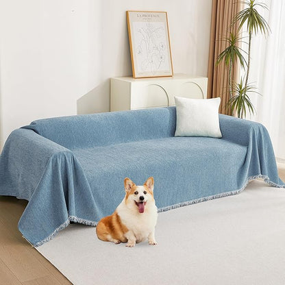 MYSKY HOME Chenille Couch Cover, Sofa Slipcover for 2-3 Cushion Sectional Couch, Machine Washable Soft Furniture Protector with Tassels, Futon Sofa Covers, Throw for Dogs, Kids 71" x 150", Blue