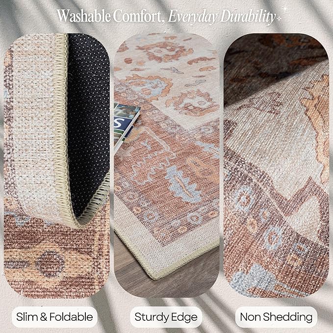 Fame Rugs Brown Modern Oushak Rug 2'6"x10, Vintage Turkish Colorful Oriental Antique Inspired Foldable Long Washable Runner Rugs, Luxury Living Room Bedroom (383BB, 2'6" x 10')