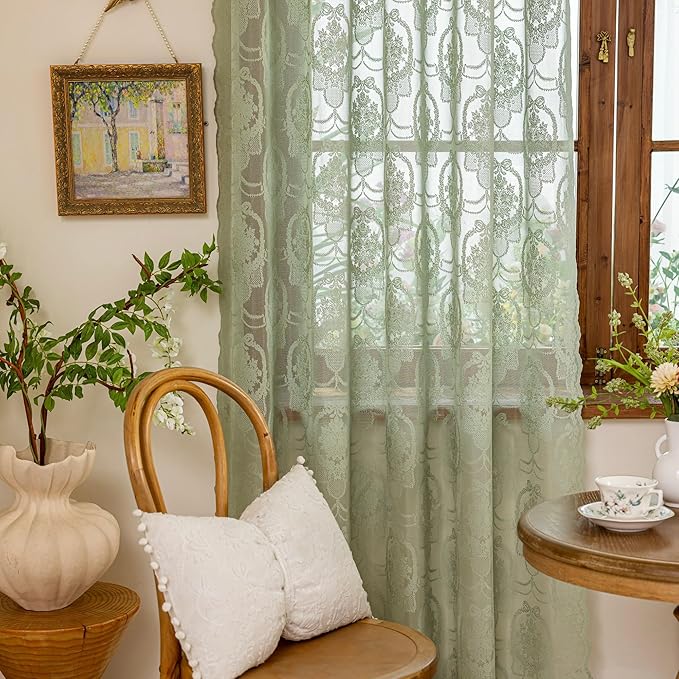 Green Lace French Delicacy Curtains 63 Inches Long -Rod Pocket Luxury Vintage Bow Butterfly Sheer Lace Flower Curtains for Living Room Bedroom，52 x 63 Inch, 2 Panels