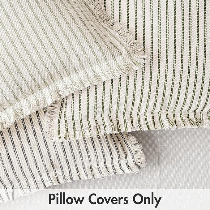 MIULEE Pack of 2 Sage Green Pillow Covers 26x26 Inch Striped Farmhouse Couch Throw Pillow Covers with Fringe Chic Linen Decorative Cushion Eruo Sham for Sofa Living Room Bed Outdoor Home Decor