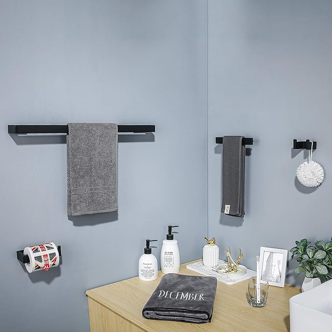 TNOMS 4 Pieces Bathroom Hardware Accessories Set Black Towel Bar Towel Holder - Image 6