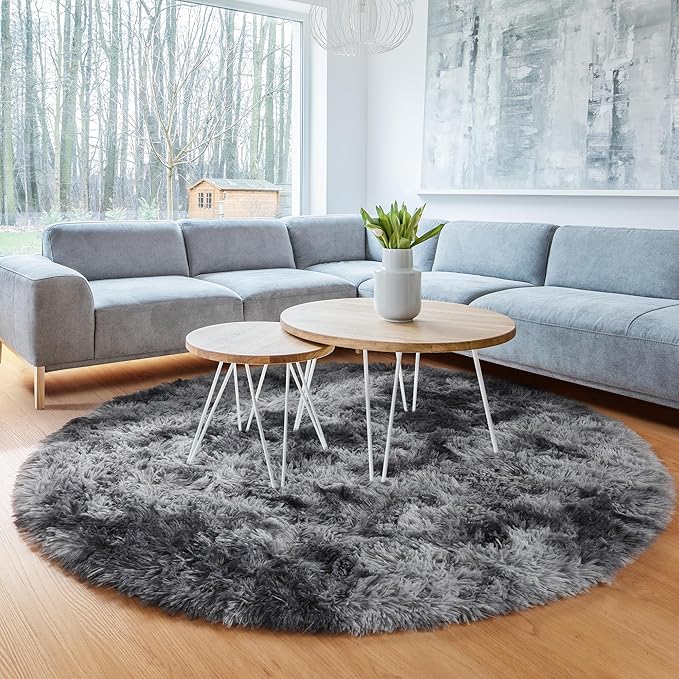 ONASAR Tie-Dyed Dark Grey Round Area Rug 4ft, Ultra Soft Bedroom Circle Rugs for Kids Girls Boys Teen, Fluffy Plush Shaggy Carpet Floor Mats for Nursery Dorm Living Room Office Home Decor