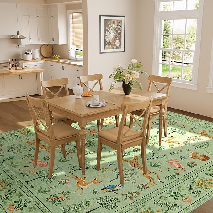 DUKINO 5x7 Rug, Washable Animal Living Room Rug with Non Slip Vintage Design, Soft Low Pile Large Carpet for Bedroom, Nursery, Dining Room, Farmhouse, Playroom, Light Green