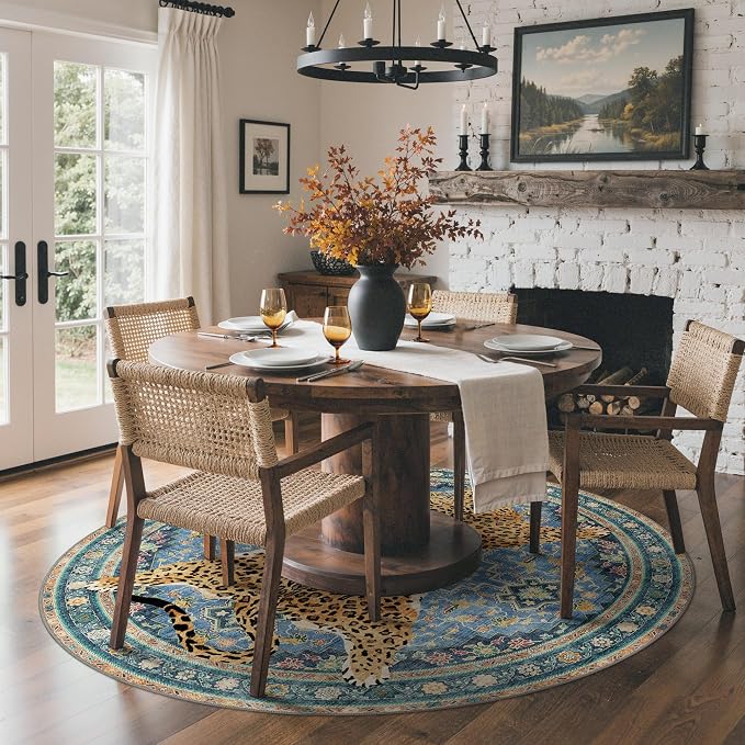 Bavni 4FT Leopard Round Rug, Machine Washable Cheetah Animal Print Low Pile - Image 3