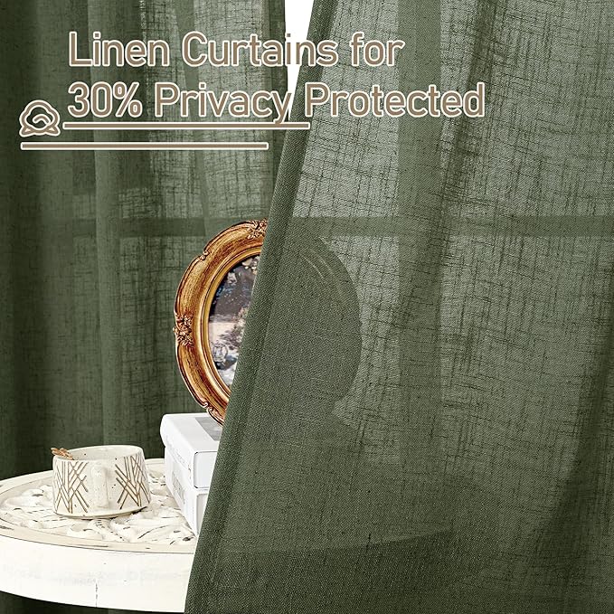 LAMIT Olive Green Linen Kitchen Curtains 24 Inch Length, Semi Sheer Light Filtering Window Panels Back Tab and Rod Pocket Drapes for Basement/Small Windows, 25 x 24 Inch, 2 Panels