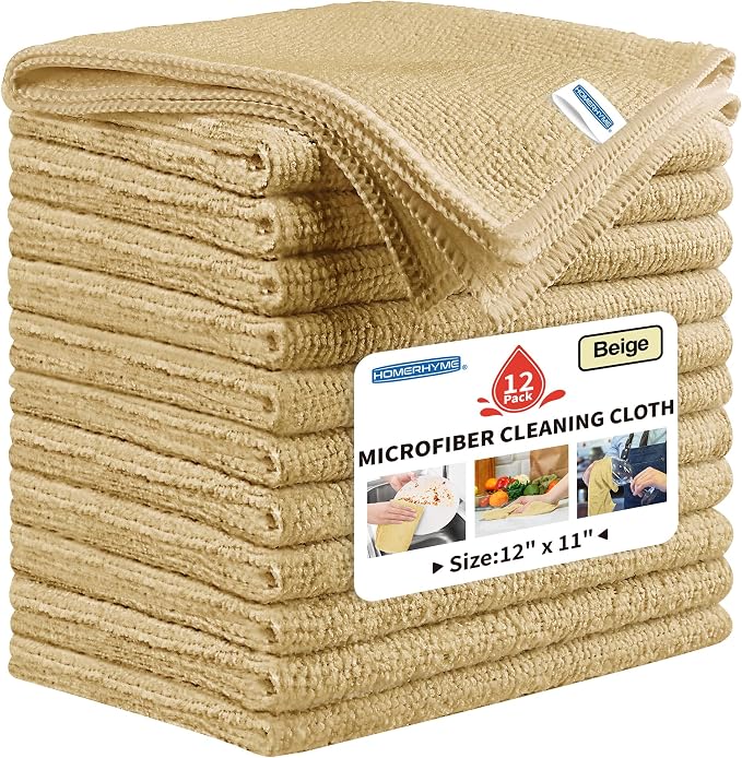 HOMERHYME Microfiber Cleaning Cloth, 12 Pack Biege Cleaning Rags, Reusable by HOMERHYME