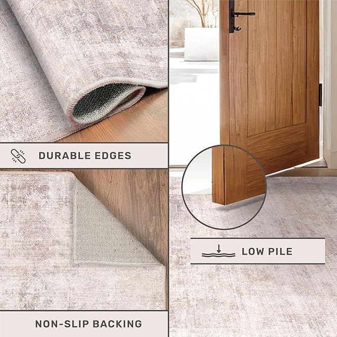 Modern Washable Bedroom Area Rug 5x8, Abstract Rugs for Living Room, Dining Room, Kids Room Girls, Pink and Grey Distressed Medallion Pattern, Non Slip Low Pile Stain Resistent