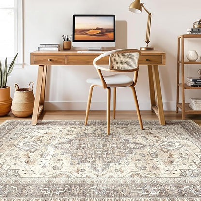 4x6 Area Rug Washable Rugs: Boho Large Neutral Vintage Soft Rugs Stain Resistant Farmhouse Non-Slip Indoor Floor Carpet for Bedroom Nursery Entryway Kids Playroom Office Dining Room Home Decor- Brown