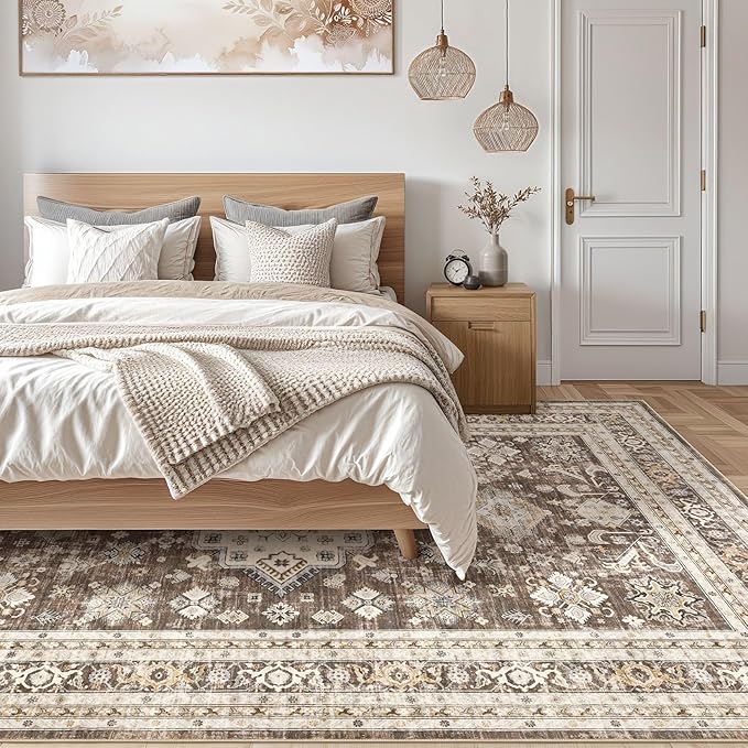 Vintage Living Room Area Rug 9x12 - Large Soft Washable Oriental Traditional Distressed Farmhouse Rugs for Bedroom - Indoor Floor Accent Carpet for Home Office House Decor - Dark Brown