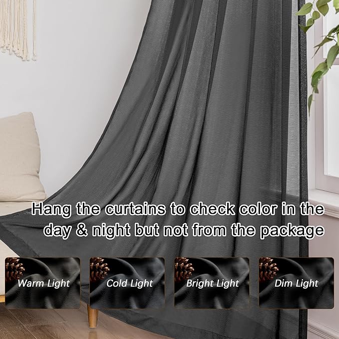 MAIHER Black Pleated Sheer Curtains 90 Inch Length for Bedroom Soft Touch Light Filtering Lightweight Pinched Pleated Drapes with Adjustable Hooks for Living Room, Black, 42" W x 90" L, 2 Panels