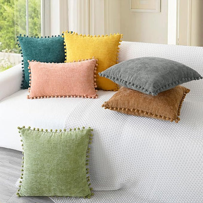 CaliTime Throw Pillow Covers Decorative 22 X 22 Inches Pack of 2 Cozy Solid Dyed Soft Chenille Cushion Cases with Pom Poms for Couch Sofa Bed Living Room Home Teal