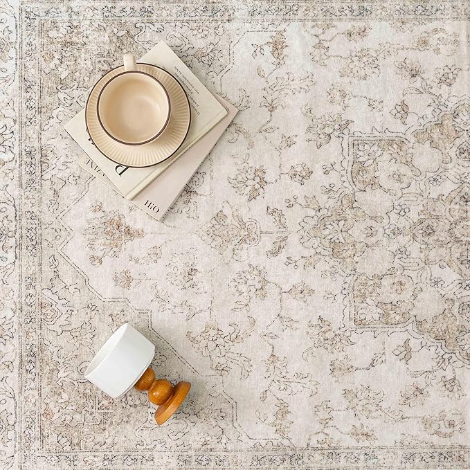 Beige Area Rug 4x5 Washable Vintage Carpet Entryway Office Soft Retro Kitchen Low Pile Thin Door Mat Non Slip Oriental Medallion Throw Small Rug for Bathroom Bedroom Dining Living Room