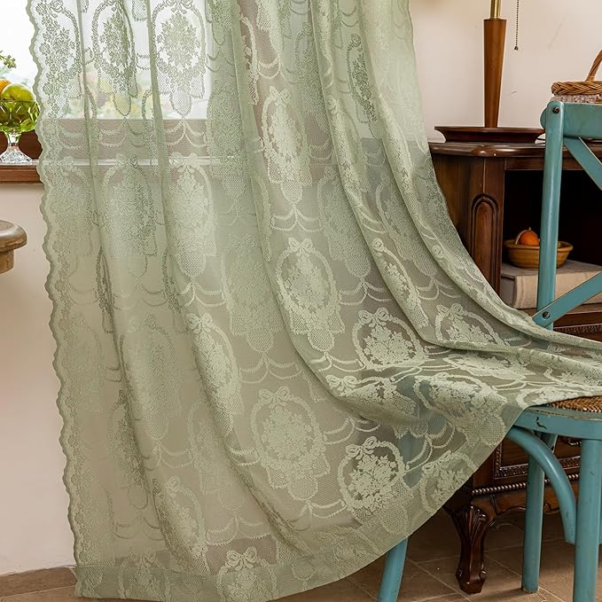 Green Lace French Delicacy Curtains 63 Inches Long -Rod Pocket Luxury Vintage Bow Butterfly Sheer Lace Flower Curtains for Living Room Bedroom，52 x 63 Inch, 2 Panels