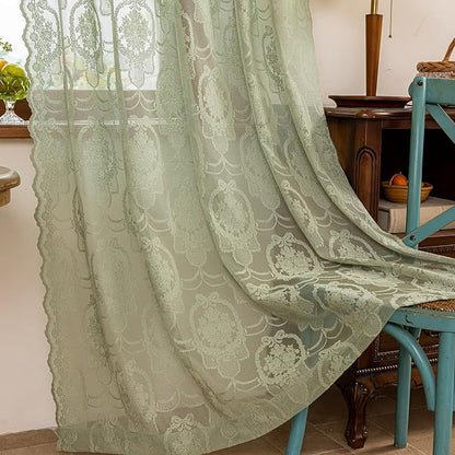 Green Lace French Delicacy Curtains 63 Inches Long -Rod Pocket Luxury Vintage Bow Butterfly Sheer Lace Flower Curtains for Living Room Bedroom，52 x 63 Inch, 2 Panels