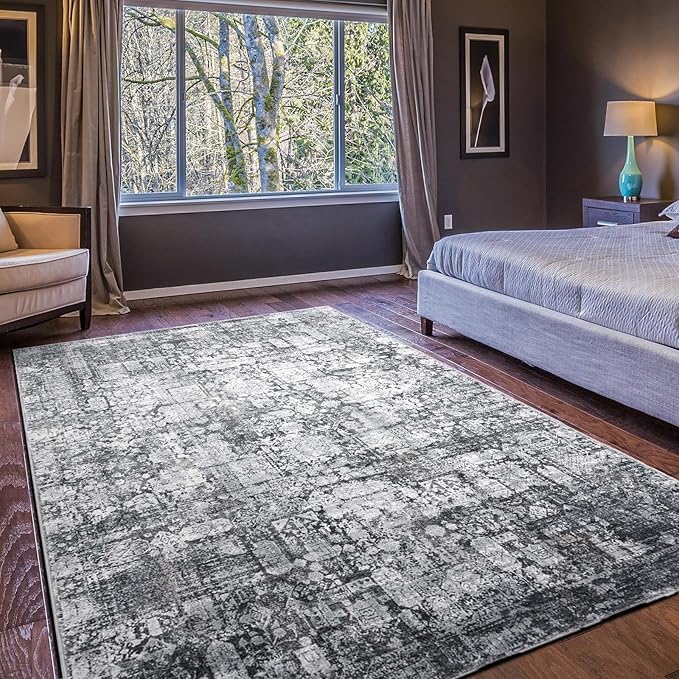 Area Rug 8×10, Large Vintage Boho Rug,Ultra-Soft Low Pile, Washable, Non Slip,Stain Resistant, Printed Carpet for Living Room Bedrooms Playroom Office Kitchen, Dark Stone