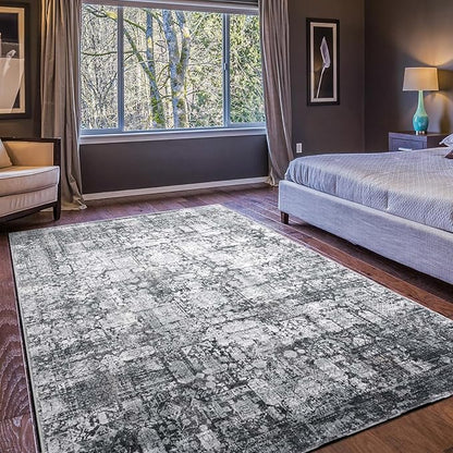 Area Rug 8×10, Large Vintage Boho Rug,Ultra-Soft Low Pile, Washable, Non Slip,Stain Resistant, Printed Carpet for Living Room Bedrooms Playroom Office Kitchen, Dark Stone