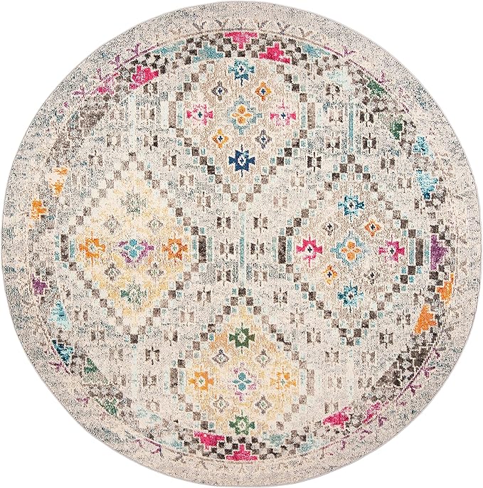 SAFAVIEH Madison Collection 3' Round Grey / Yellow MAD418F Boho Diamond Distressed Non-Shedding Dining Room Entryway Foyer Living Room Bedroom Area Rug
