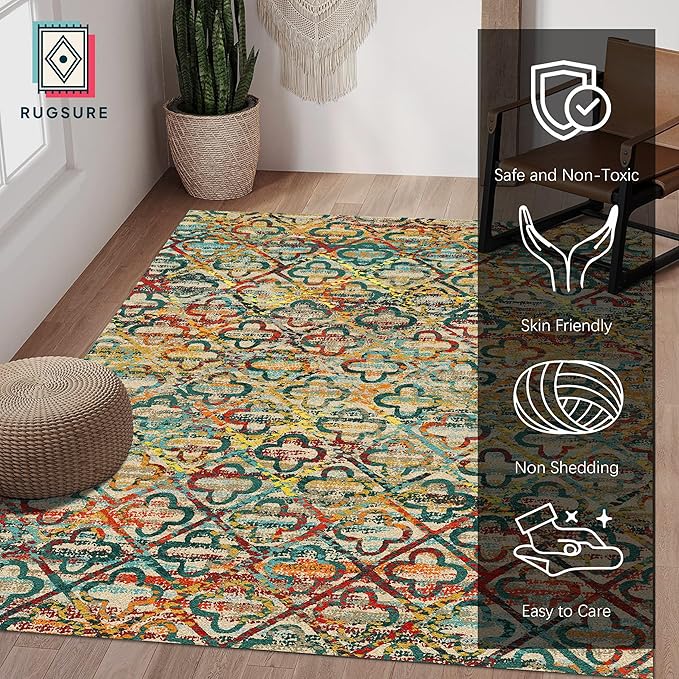 RUGSURE Washable Area Rugs, 5' x 7' - 1/6 Thick - Stain & Water Resistant Non-Slip - Perfect Resistant Rug for Living Room, Bedroom, Nursery, Pet & Child Friendly, Vibrant Colors Rugs, Multicolor