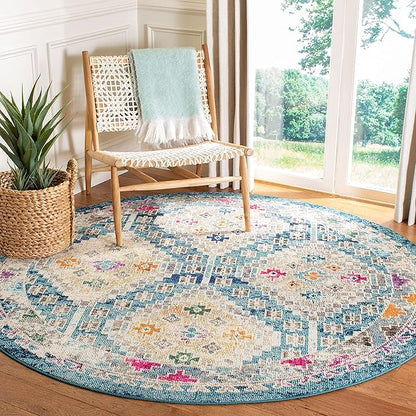 SAFAVIEH Madison Collection 5' Round Dark Blue / Yellow MAD418N Boho Diamond Distressed Non-Shedding Dining Room Entryway Foyer Living Room Bedroom Area Rug