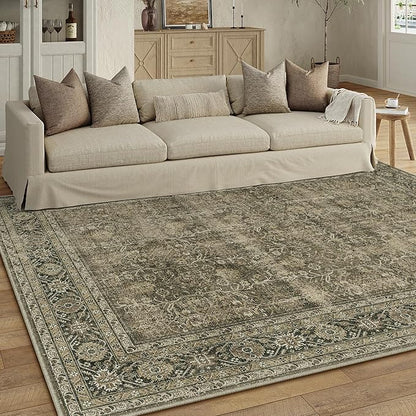 Vintage Area Rug 5x7 Light Brown Bedroom Indoor Kitchen Washable Living Room Carpet Tribal Distressed Retro Accent Throw Rug for Office Dining Room Bathroom Faux Wool